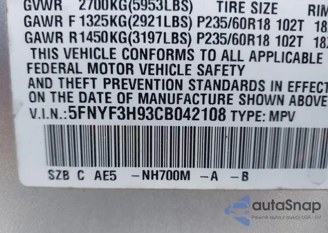 2012 Honda Pilot Touring z USA, uszkodzony, nr VIN 5FNYF3H93CB042108